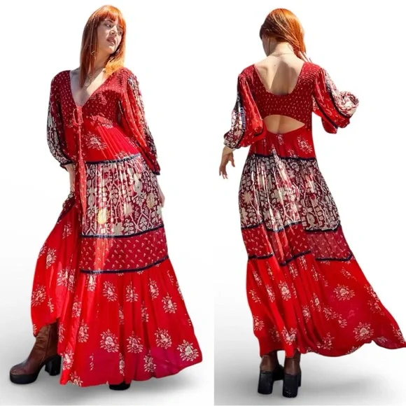 Free People Bali Laurel Bohemian Long Sleeve Red Maxi Dress - $298 - Picture 10 of 16